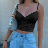 Cinessd  2022 Summer Crop Top Women Tanks Camis Camisole V-Neck Lace Folds Straps Sexy Corset Cropped Tee Shirt Femme Vintage T-Shirt