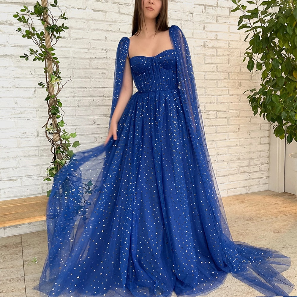 Cinessd Back to school outfit Navy Blue Evening Dress Long 2022 Luxury Sweetheart A-Line Prom Gown Simple Tulle Zipper Party Dress With Cloak Robes De Soirée