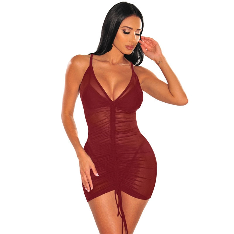 Cinessd Back to school outfit WJFZQM Women Summer Sexy Mesh See Through Dress Spaghetti Strap Party Dresses Female Sparkle Elegant Mini Dresse For Night Club