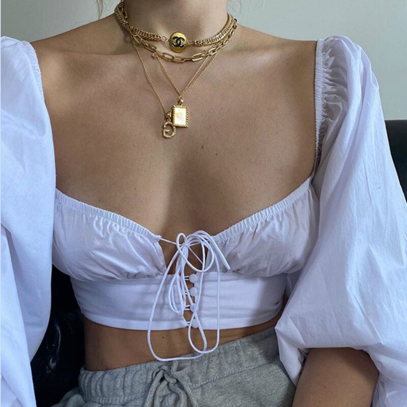 Cinessd Back to school outfit Summer Spring Women Stylish Shirt Tops Off Shoulder Lace-Up Crop Top Solid Color Square Collar Long Sleeve Casual Street Blouse