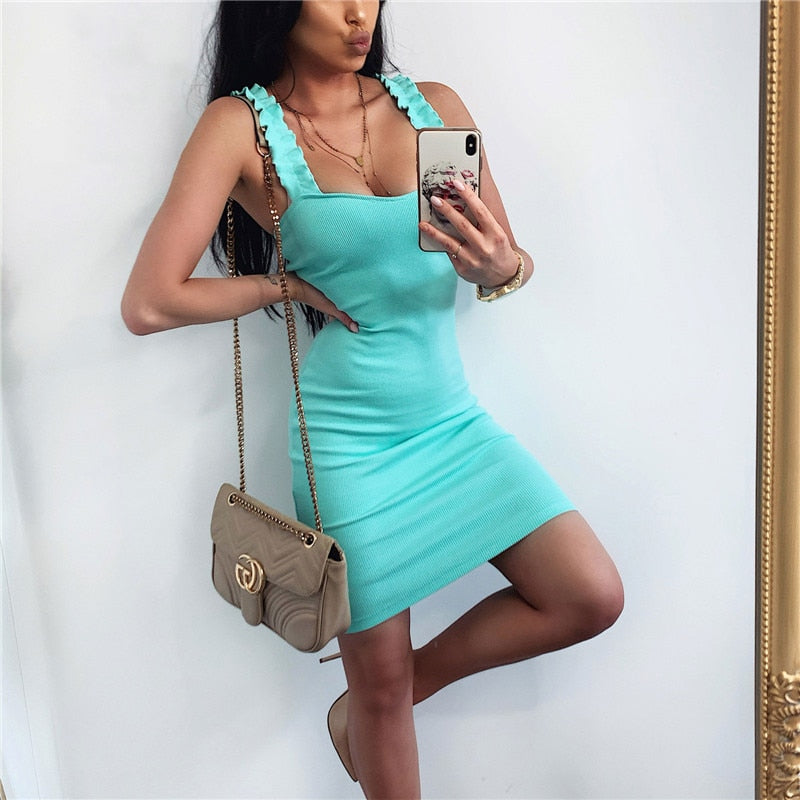 Cinessd  Fashion Round Neck Sleeveless Bodycon Mini Dress Basic Women Summer Ruffles Ribbed Backless Party Sexy Clubwear Casual Dresses