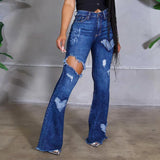 Cinessd  Women Flare Jeans Ripped Heart Pattern Solid Color Slim Trousers Ladies All Match Long Denim Pants Streetwear Summer Autumn