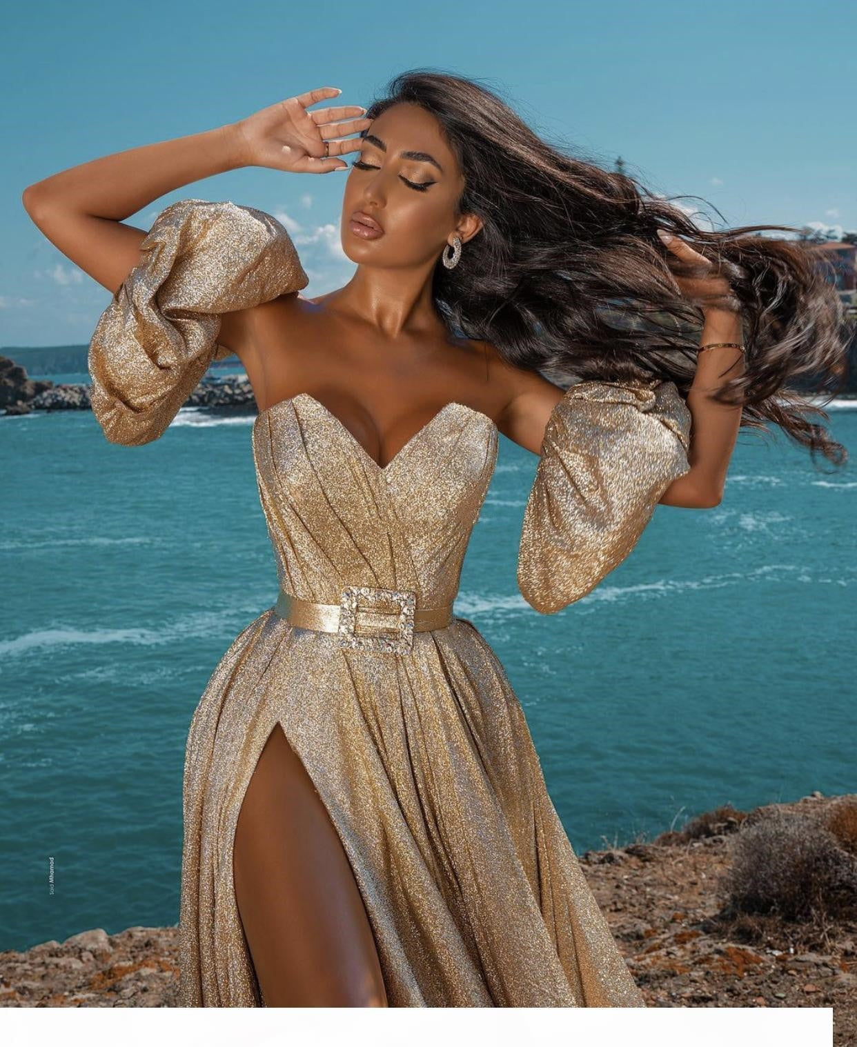Cinessd  Elegant Gold Evening Dresses 2022 New Dubai Formal Gowns Sexy Sweet-Heart Neck High Split Sparkling Party Prom Dress Arabic