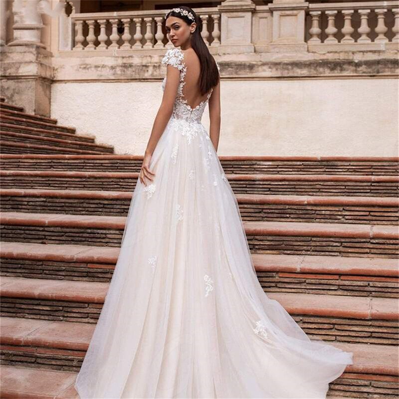 Cinessd Back to school outfit Sexy Backless Wedding Dresses Lace White Wedding Gowns For Women Princess Tulle  Cap Sleeves Bridal Dresses V Neckline Appliqued
