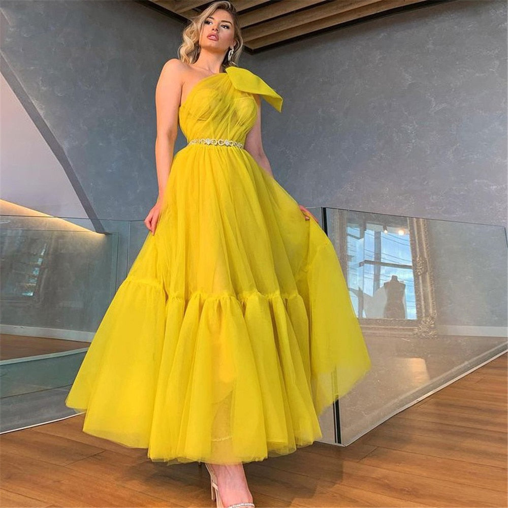 Cinessd  Yellow Tulle Short Prom Dress One Shoulder Tea Length Homecoming Dress Princess Women Party Gowns Plus Size