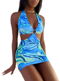 Cinessd  Women Halter Mini Dress Sexy Hollow Out Women Summer Sleeveless  Tie Dye Printed V-Neck Ring Sundress Beachwear