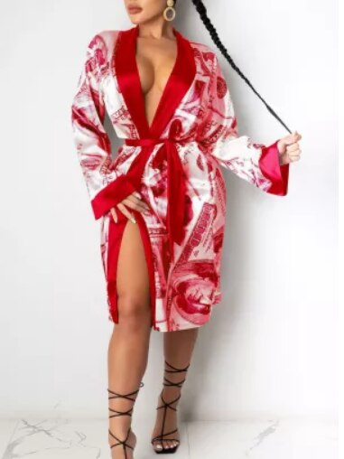 Cinessd Back to school Aesthetic Dollars Print Robes Long Sleeve Midi Bandage Cardigan Pajamas Fall Clothes For Women Fashion Sexy Lounge Wear