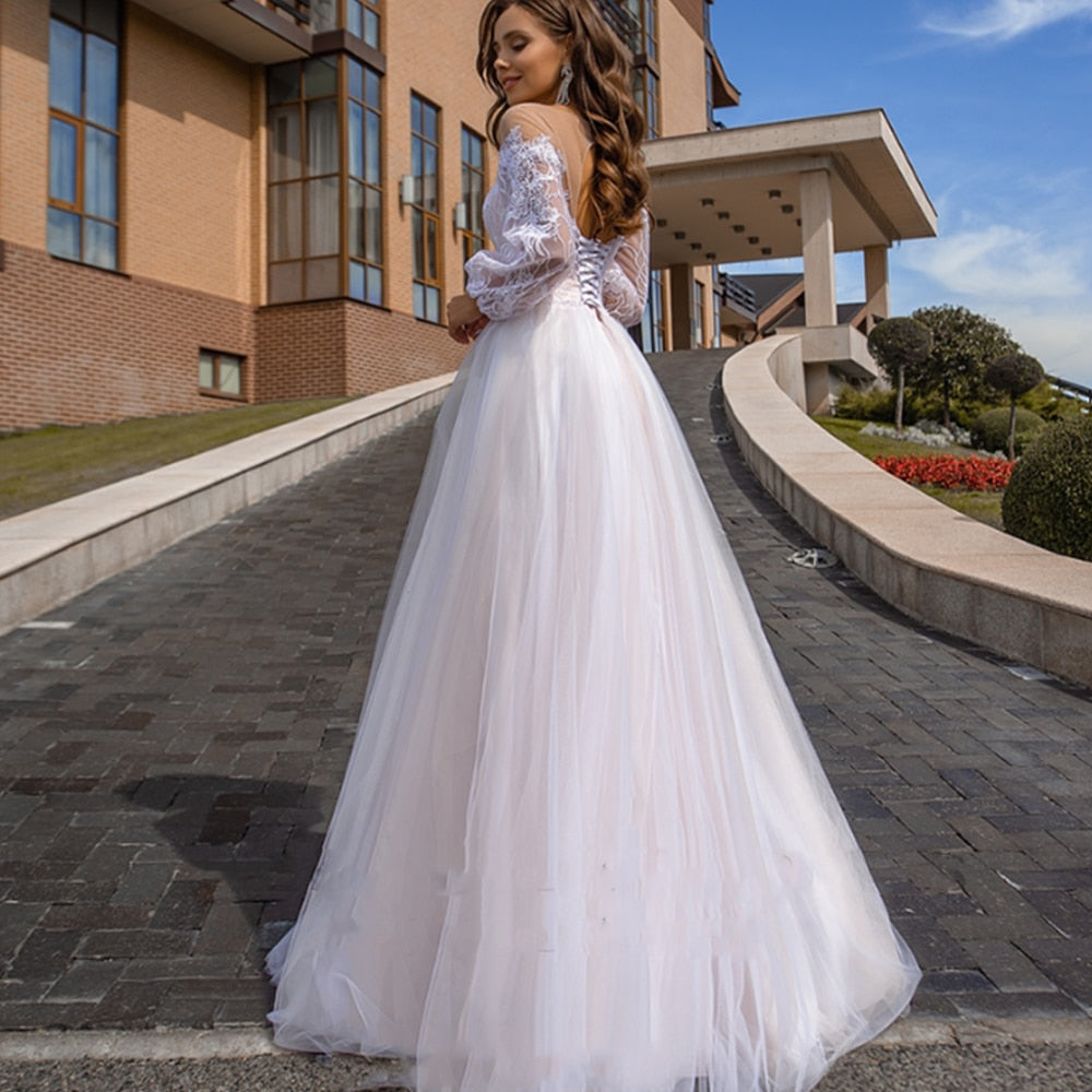 Cinessd Back to school outfit Long Puff Sleeve Wedding Dresses For Women Lace A Line Tulle Bride Dress With Champagne Robe De Mariee Lining Lace Up Back Gown