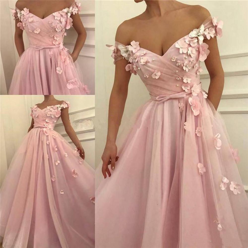 Cinessd  Pink Prom Dress A- Line Off Shoulder 3D Floral Flowers Tulle Floor Length Formal Graduation Evening Party Gown Robes De Soirée