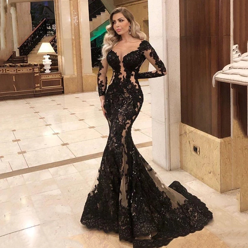 Prom Dresses  Sexy Black Mermaid Formal Evening Dress Lace Long Sleeve Garden Country Long Prom Party Gowns Custom Made Plus Size