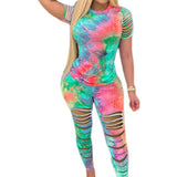 Cinessd  Women Casual Painted Bodycon Stretch Dress Tie Dyeing Holes Colorful Slim Vestido Female Casual Fashion Clothes Set Summer Fall