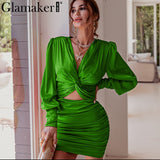 Cinessd Back to school outfit Sexy Deep V Neck Bodycon Dress Party Club Hollow Out Mini Dress Elegant Winter Autumn Chic Lantern Sleeve Satin Dress