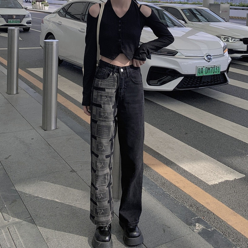 Cinessd  Black High Waist Women's Straight Jeans Baggy Harajuku Patchwork Streetwear Printing Korean Fashion Denim Trouser Wide Leg Pants