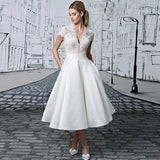 Princess Short Wedding Dresses 2021 Tea-Length Cap Sleeve V-Neck Lace Appliques Button Elegant A-Line Satin Civil Vintage