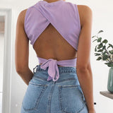 Cinessd  Sexy Backless Women Tank Top Bandage Slim Crop Top Summer 2022 Casual Streetwear Tops Solid Cotton Soft Criss Cross Top