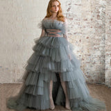 Cinessd  Gorgeous Dusty Blue Ruffled Tulle Prom Dresses Long A Line Tiered Evening Gown Sleeveless Backless Party Dress