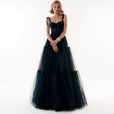Cinessd  Sweetheart Pleated Tulle Prom Dresses Bow Straps Long A-Line Beading Crystal Wedding Party Dress Lace-Up Evening Gown