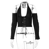 Back to school  Backless Halter Ribbed Tie Front Top Women Long Sleeve Cut Out Lace Up T-shirts Patchwork Bodycon Y2K Crop Top Tee