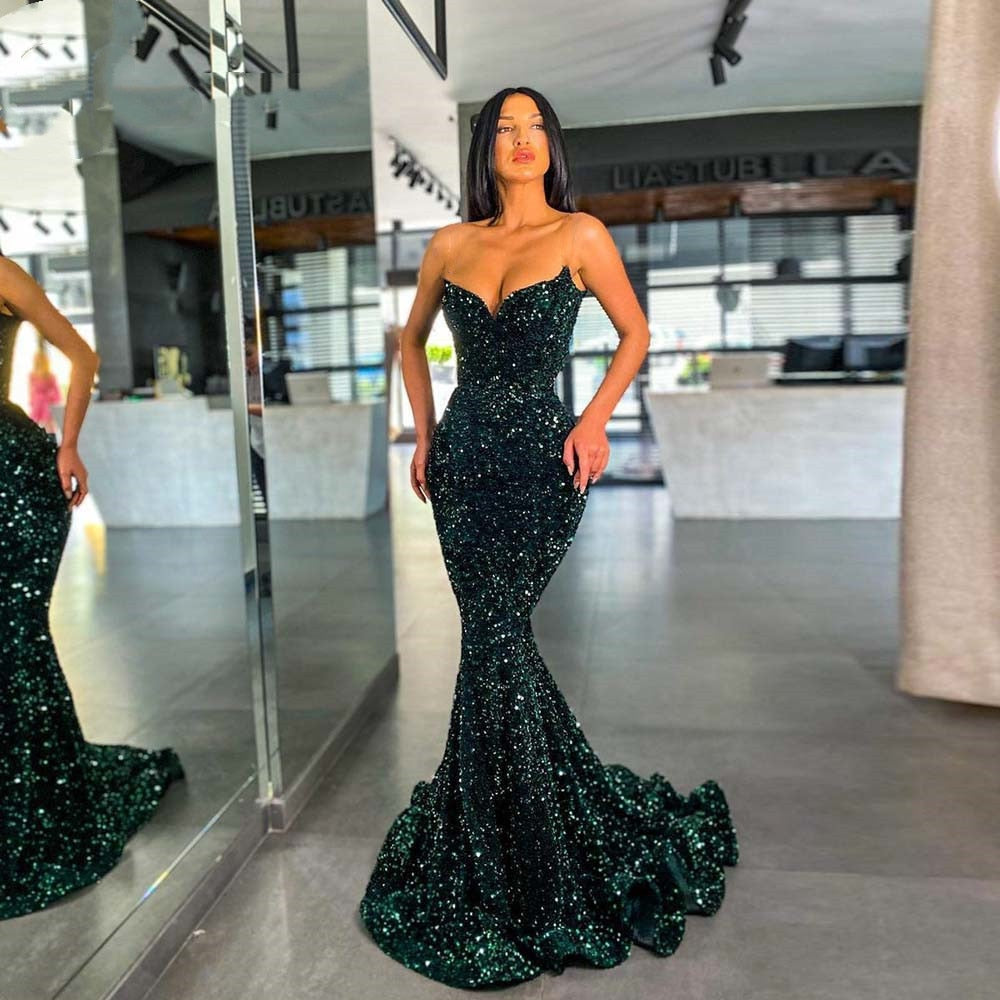 Prom Dresses  Sexy Green Sequins Sleeveless Mermaid Evening Dresses 2022 Formal Sweetheart Neck Women Party Night Gown Vestidos de noche