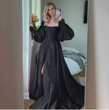 Prom Dresses  Elegant Pink Prom Dresses Bishop Sleeves High Slit Taffeta Evening Dresses Sweetheart A-line Long Party Gowns with Buttons