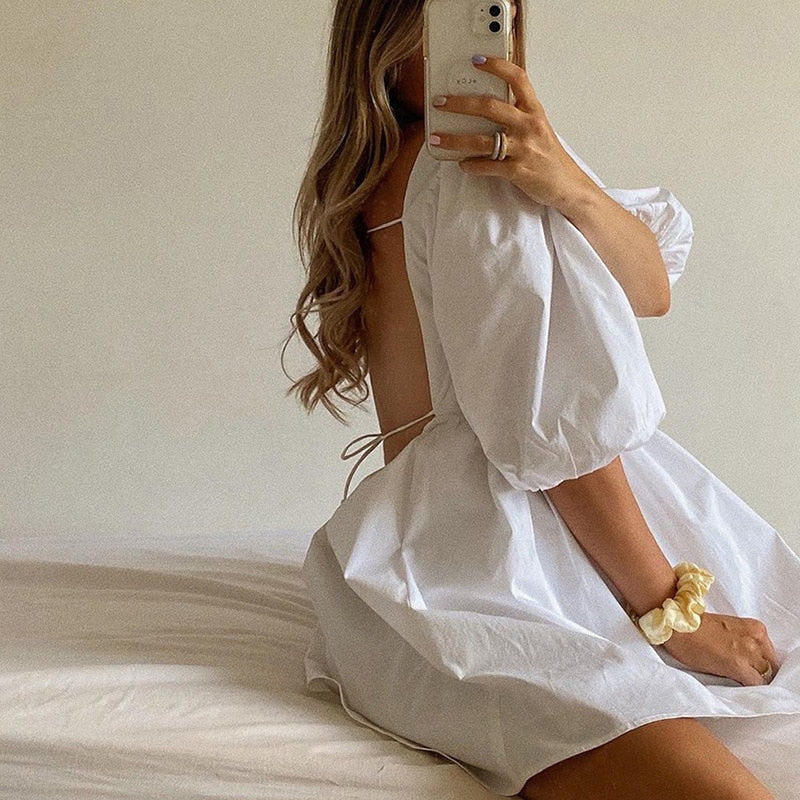 Cinessd  Sexy Backless Lace Up Mini Dresses Boho White Puff Sleeve Sweet Dress Chic Women Elegant Lady For Wedding Party Summer Clothes