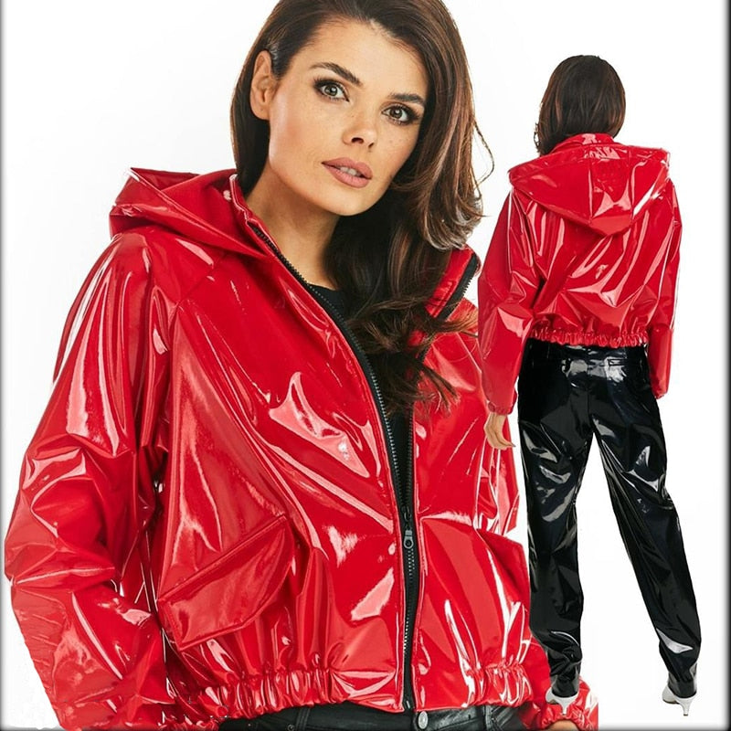 Cinessd  Women Casual Patent Leather Latex Hoodies PU Short Jackets Red Black Loose Long Sleeve Zip-up Sweatshirt Plus Size Leather Coats