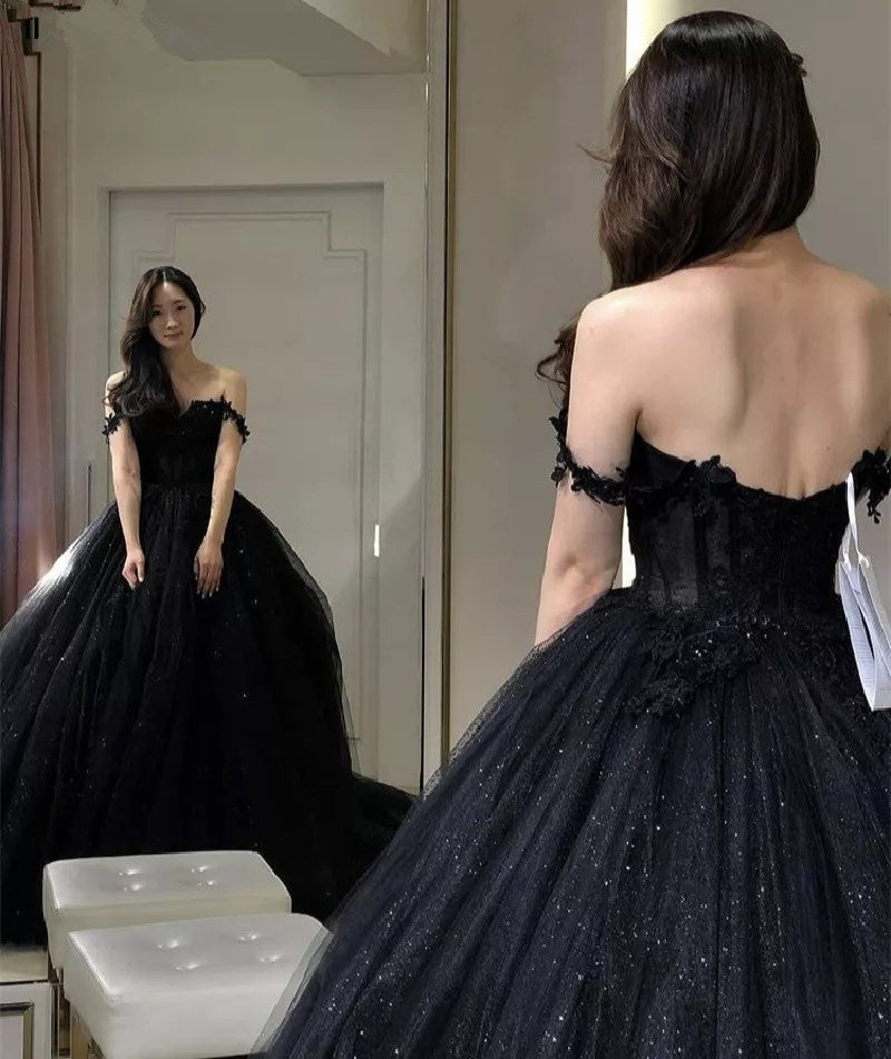 Cinessd Prom Dresses Black Prom Dresses Sweetheart Off The Shoulder A-Line Tulle Lace Applique Backless Vestidos De Gala Evening Gowns For Women