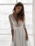 Cinessd Short Wedding Dresses Sleeves V-neck Plus Size Mid-Calf Bridal Gown Robe Beach Lace Tea Length Bride Dress