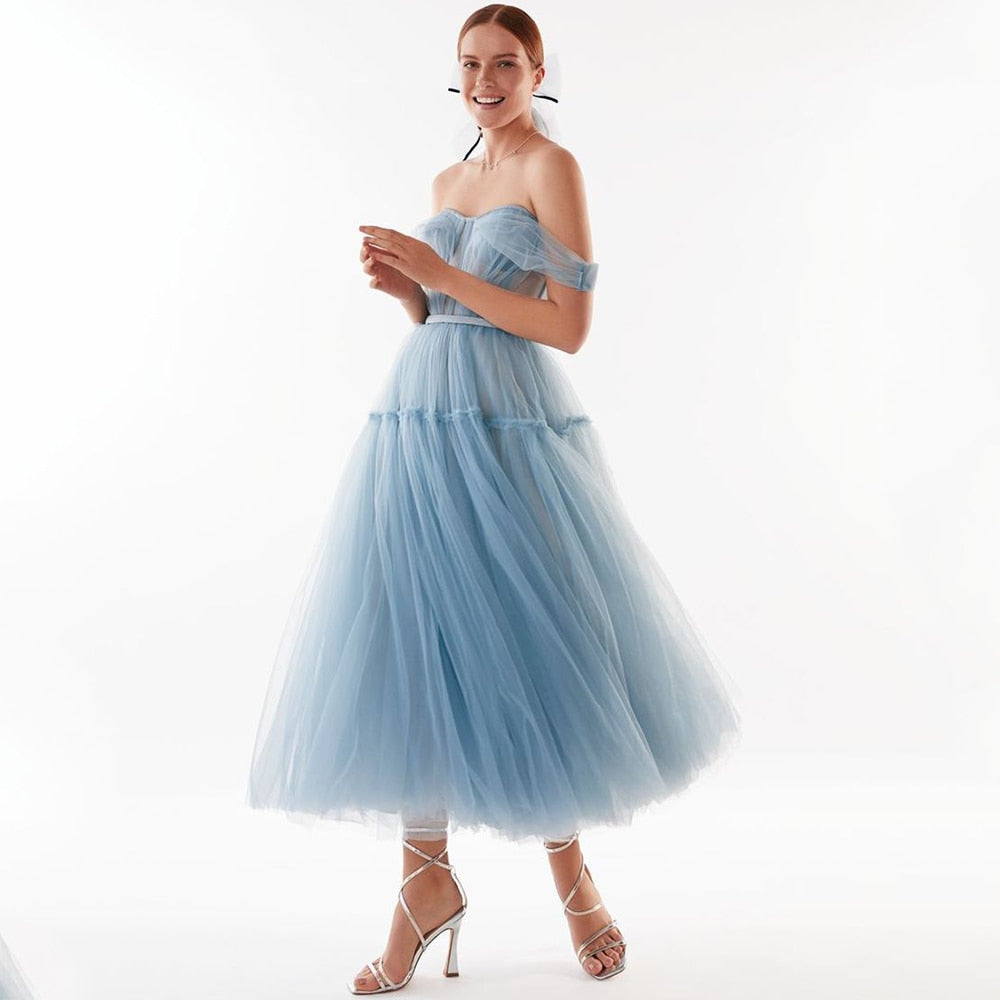 Cinessd   Blue Short Prom Dresses 2022 Off Shoulder Tiered Skirt A-Line Party Dresses Pleated Tea-Length Tulle Formal Gowns