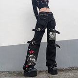 Cinessd  Y2K Streetwear Punk Style Skull Print Black Buckle Gothic Dark Cargo Pants Harajuku High Waist Aesthetic Straight Denim Trousers