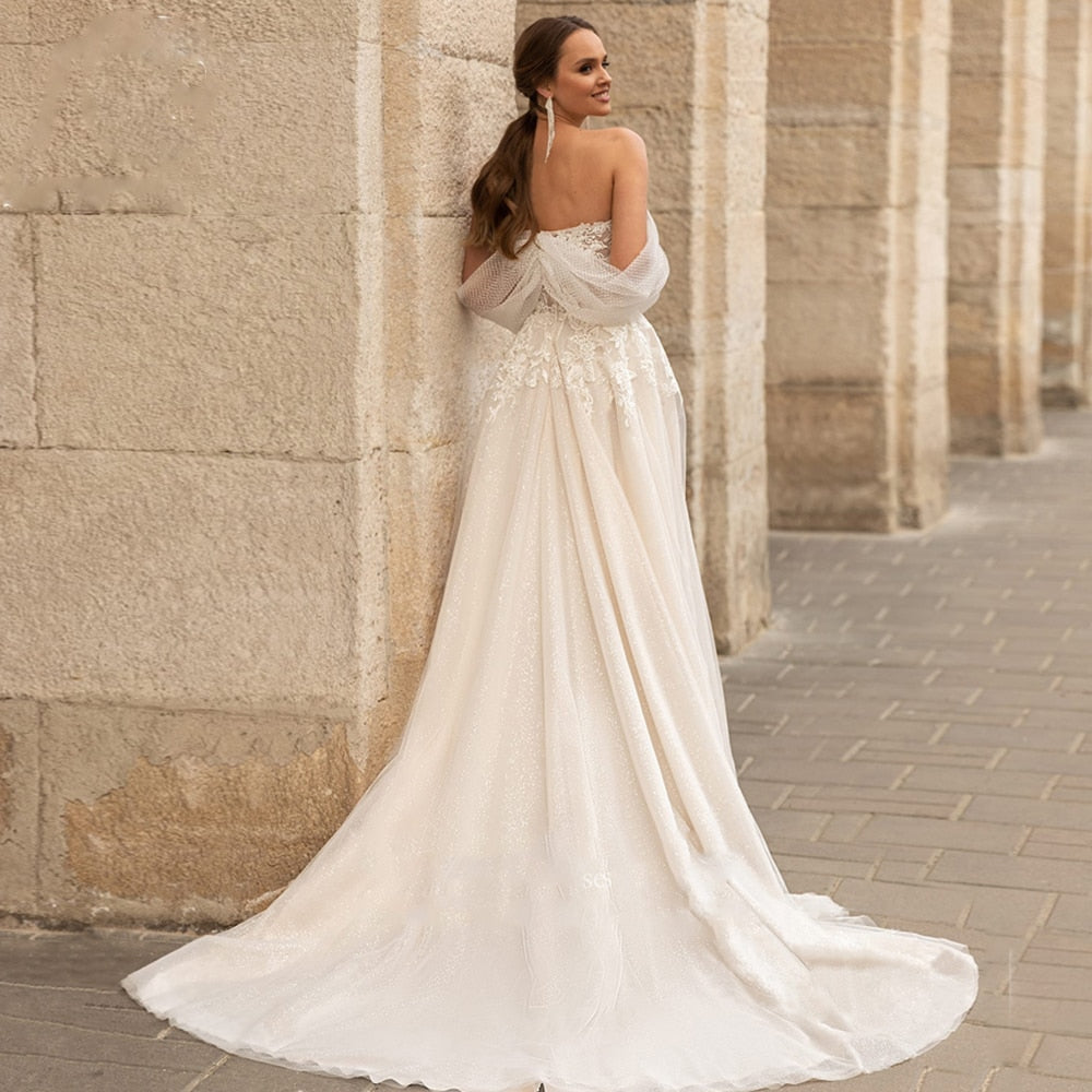 Cinessd Back to school outfit Modest White A-Line Wedding Dress 2022 Elegant Appliques Off The Shoulder Sweetheart Backless Flowy Shiny Polka Dot Bridal
