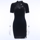 Cinessd  Elegant Lady Retro Black Velvet Mini Dress Hollow Out Bandage Puff Sleeve Slim Fit Dress Mall Grunge Gothic Streetwear