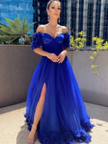 Cinessd Back to school outfit Royal Blue Evening Dresses Long Luxury 2022 V-Neck Flowers Off The Shoulder Side Split Prom Gowns Tulle Vintage Celebrity Dress