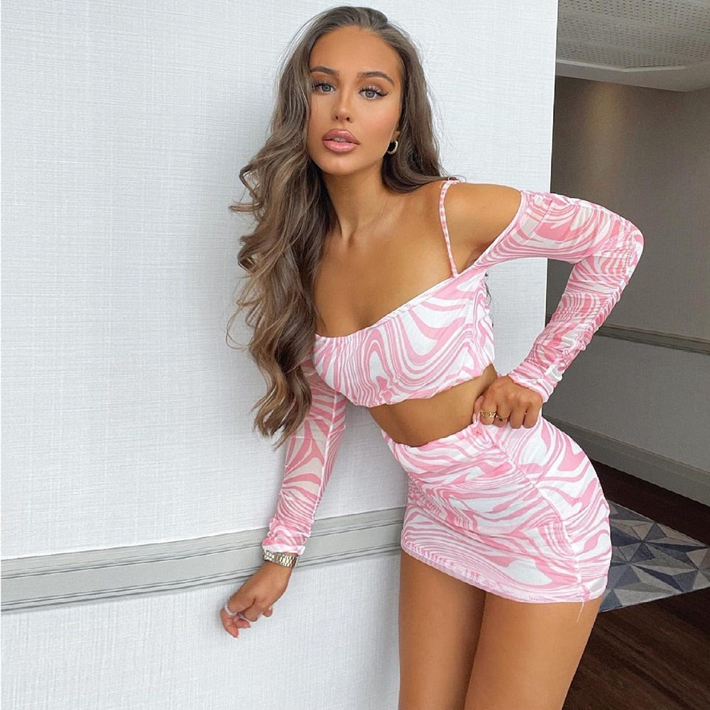 Cinessd Print Two Pieces Sets Skirts Women Summer  Off Shoulder Sling Long Sleeve Crop Top Bodycon Sexy Ruched Mini Skirt