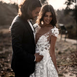 Cinessd Back to school Sexy Bohemian Wedding Dress 2022 Short Sleeves Deep V Neck 3D Floral Appliques Bridal Gowns Backless Vestido De Noiva Lorie