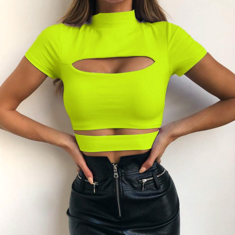 Cinessd  2022 Summer Crop Top Women Solid Black Green Tops Hollow Out Women Clothing Women T-Shirt Casual Tee Tops Ladies Shirts