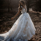Cinessd Back to school Sexy Bohemian Wedding Dress 2022 Short Sleeves Deep V Neck 3D Floral Appliques Bridal Gowns Backless Vestido De Noiva Lorie