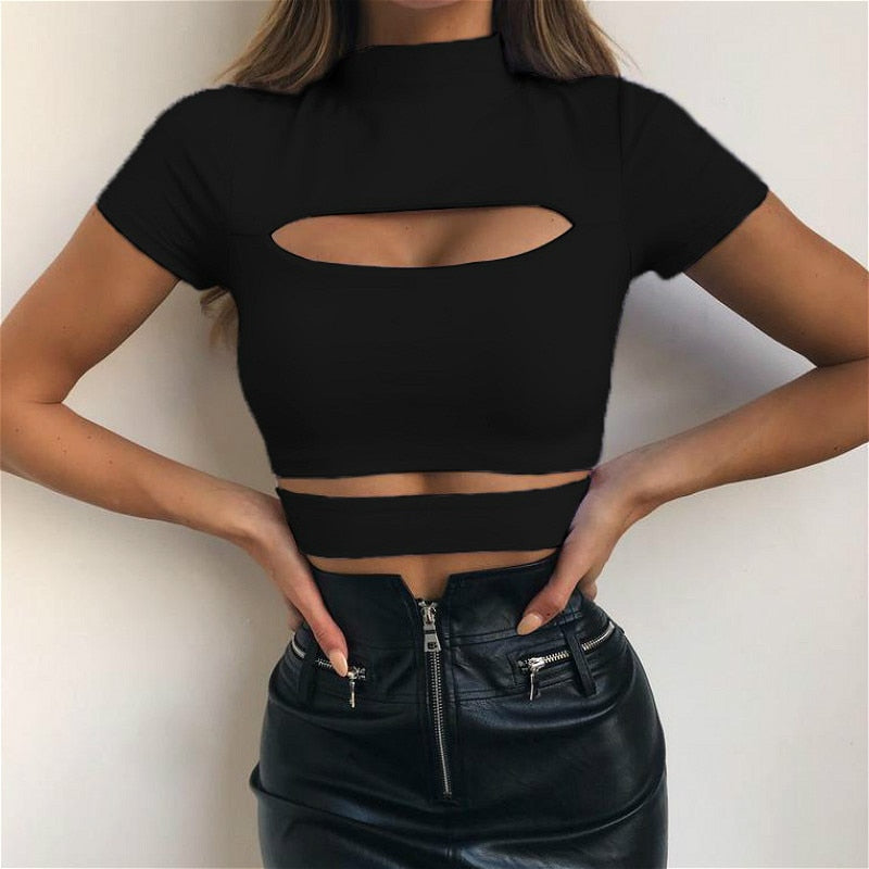 Cinessd  2022 Summer Crop Top Women Solid Black Green Tops Hollow Out Women Clothing Women T-Shirt Casual Tee Tops Ladies Shirts