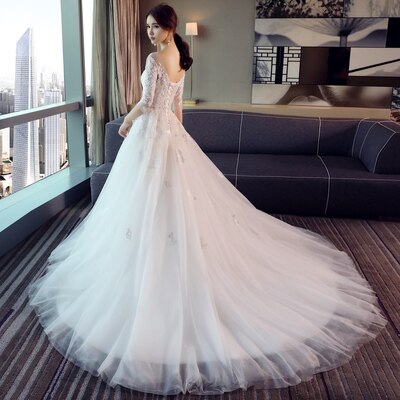 Cinessd Back to school Ladybeauty 2022 New Simple Appliques Wedding Dress 3/4 Sleeve Lace Up Back Bride Wedding Gown