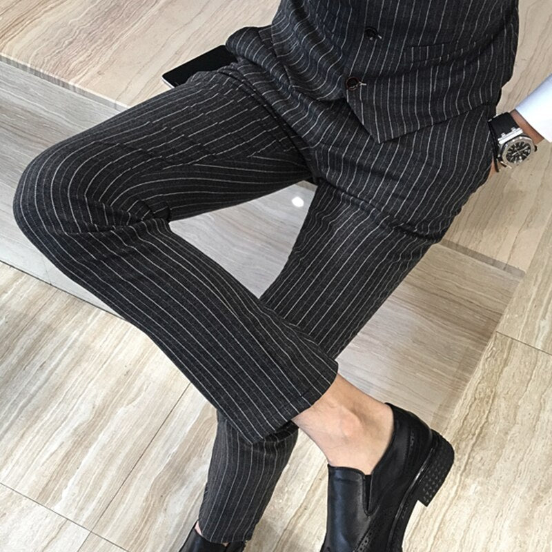 CINESSD     Men's Designer Cotton Fashions Stripe Formal Wedding Dress Suit Pants Man Stripe Business Casual Pants Trousers Male