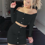 Cinessd  2022 Sexy Off Shoulder Two Piece Set Solid Button Bodycon 2 Piece Set Women Long Sleeve Top And Skirt Summer Autumn Sets