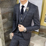 CINESSD    ( Jacket + Vest + Pants ) Men's England Plaid Casual Suit Mens Classic Single Button Official Suit Groom Wedding Dress Suit