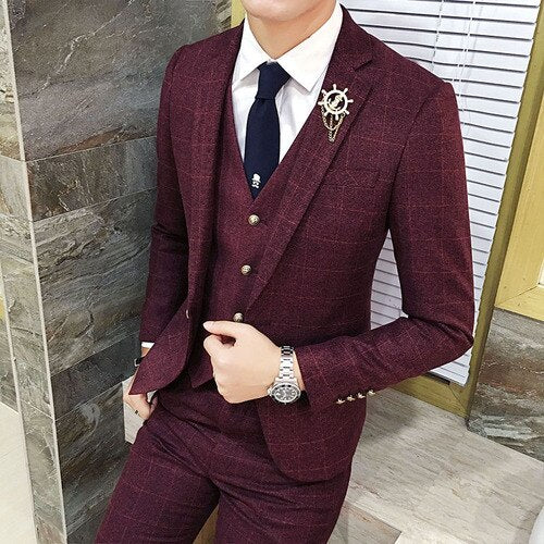CINESSD    ( Jacket + Vest + Pants ) Men's England Plaid Casual Suit Mens Classic Single Button Official Suit Groom Wedding Dress Suit