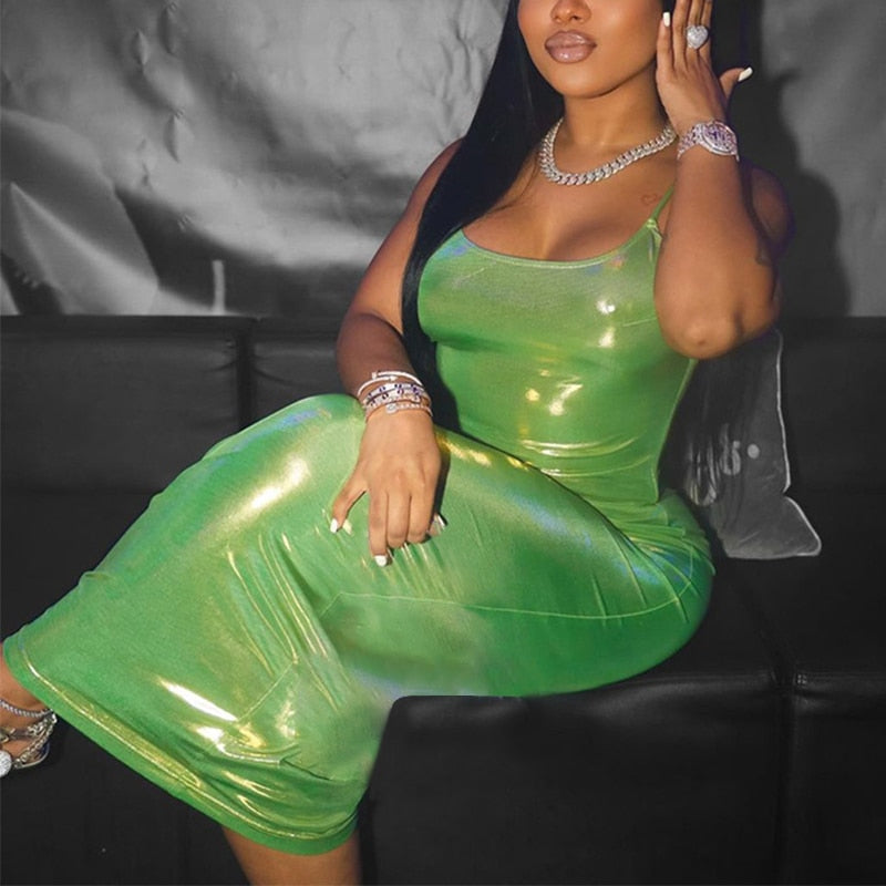 Cinessd  Women's Spaghetti Strap Bodycon Dress Shiny Metallic Sleeveless Backless Stretchy Club Dress Green