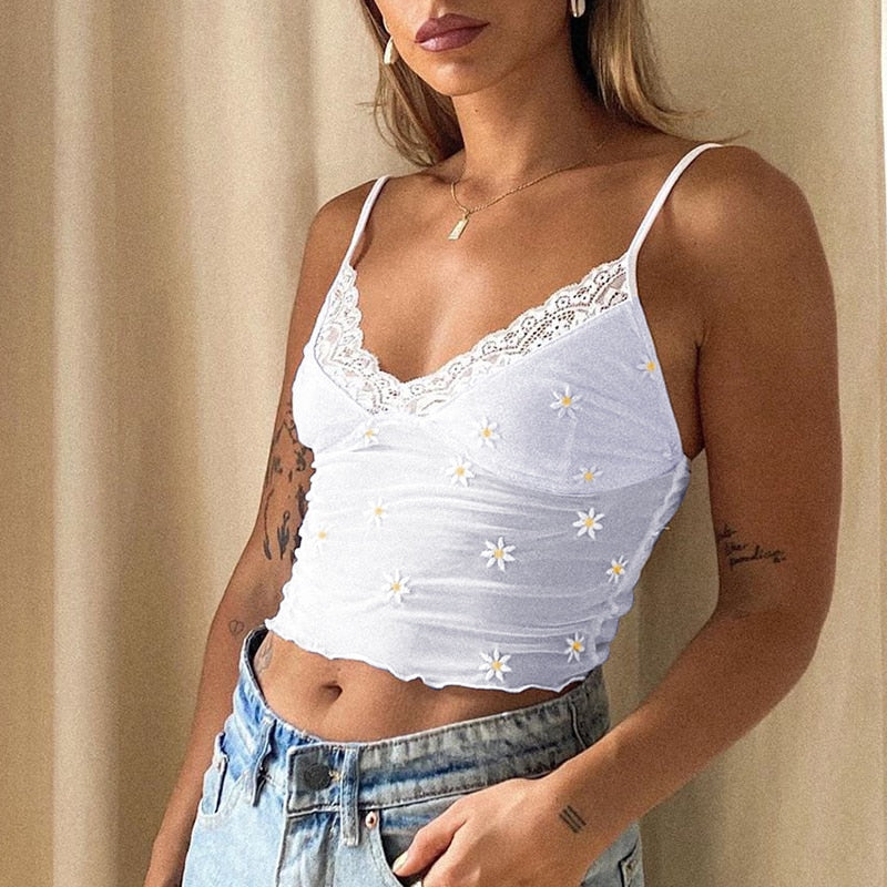 Cinessd Back to school outfit White Lace Sexy Sleeveless Spaghetti Strap Top Summer Printed Backless Cami Crop Tops Women V Neck Printed Y2K V Neck