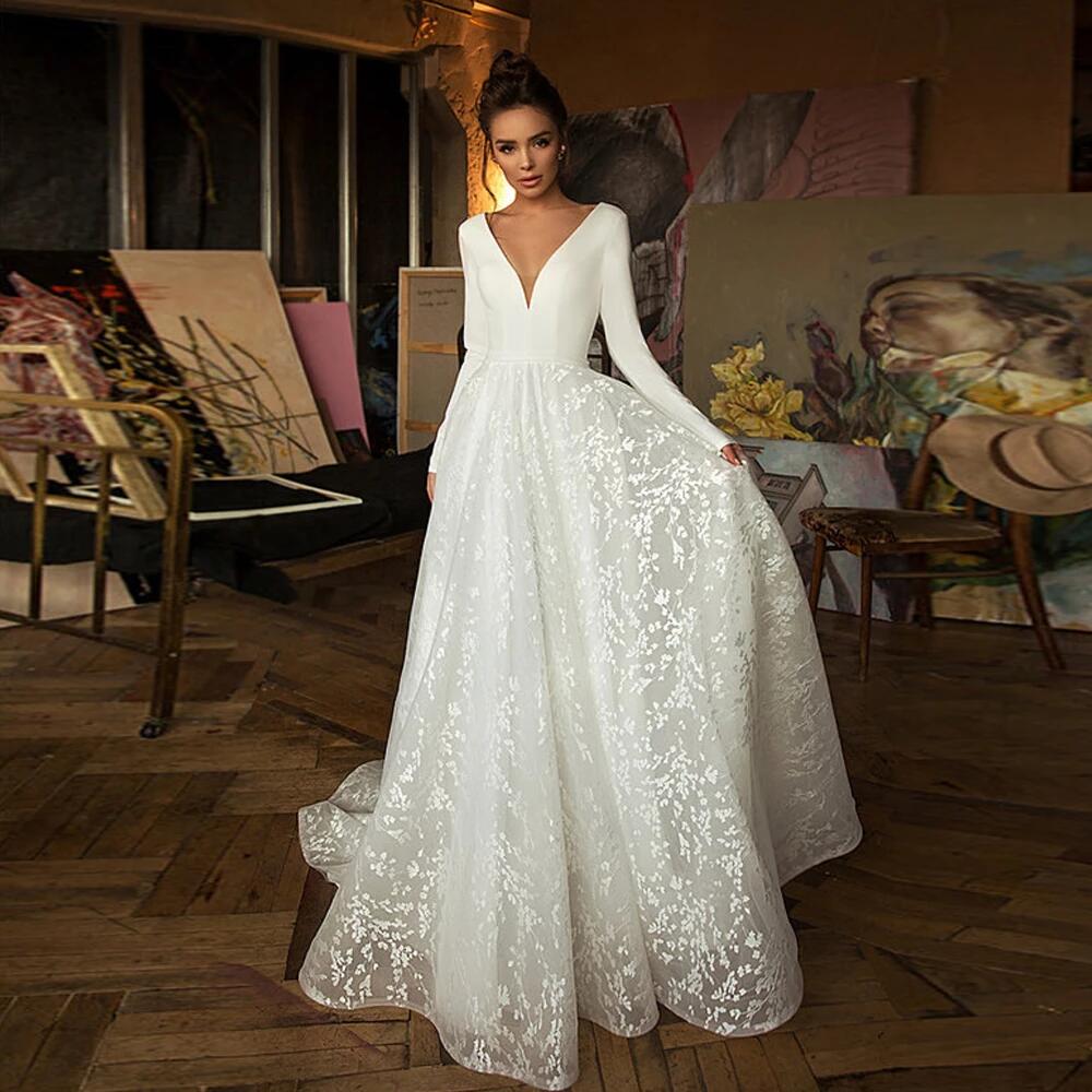 Cinessd Back to school Boho Lace Wedding Dresses 2022 Long Sleeve V-Neck Boho Bridal Gowns Satin Backless White Vestido De Noiva Plus Size Custom-Made