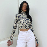 Cinessd Back to school outfit Spring Autumn Women's Dragon Printed Crop Tops Long Sleeve High Collar Short Slim T-Shirt