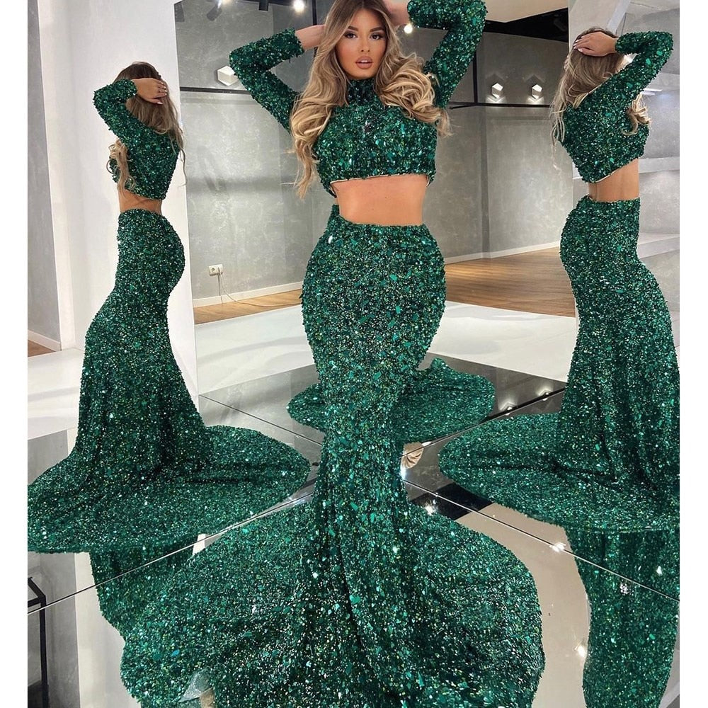 Prom Dresses  Sexy Dark Green Sequins Two Pieces Mermaid Prom Dresses Full Sleeves Long Party Dress Women Gowns Customized Robe De Soiree