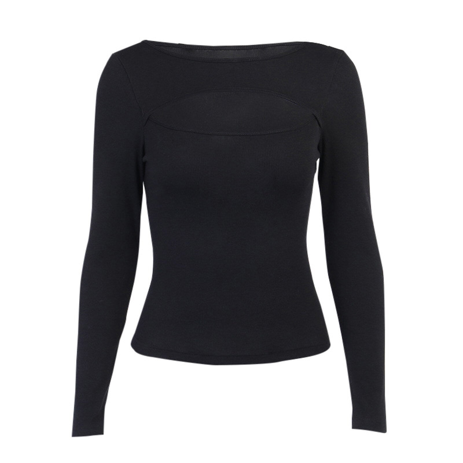 Cinessd  2022 Autumn Fashion Women Sexy Hollow Out Slim Fit Long Sleeve Casual Round Neck Shirt Solid Black Tops T Shirt 5 Colors