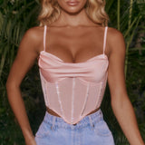 Cinessd  Padded Top Summer Corset Top Crystal Women Tops 2022 Double Layer Pink Sexy Mesh Top Outfits Girl Party Clubwear
